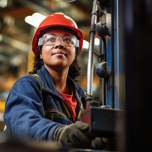 A woman wearing a hard hat and safety glasses is focused on her work in a factory setting