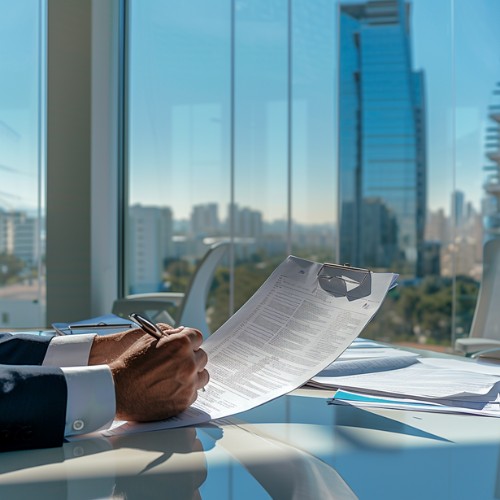 Person reviewing document at an office desk with a view of building in the background